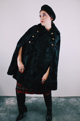black faux fur poncho with gold buttons vintage 1960's