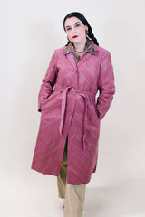 Women's vintage 1970's long sleeve long length mauve pink colored leather and suede lightweight button up jacket.