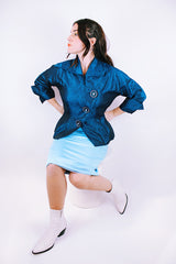 1950's vintage blue statin evening jacket with diagonal lapel with collar