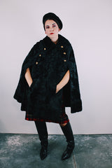 black faux fur poncho with gold buttons vintage 1960's