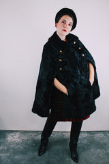 black faux fur poncho with gold buttons vintage 1960's
