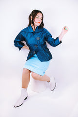 1950's vintage blue statin evening jacket with diagonal lapel with collar