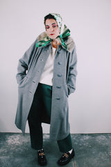 long sleeve grey wool coat knee length with mink fur trim collar vintage women's 1960's