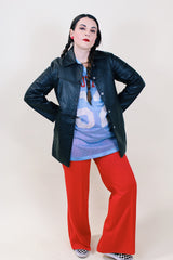 Women's vintage 1960's Bay River of San Jose California long sleeve black leather western style jacket with small collar and popper buttons up the front.