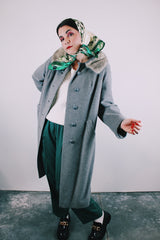 long sleeve grey wool coat knee length with mink fur trim collar vintage women's 1960's