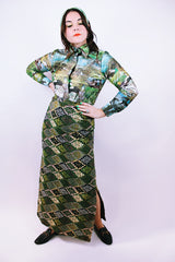 high waisted quilted maxi skirt vintage 1970's with green pattern