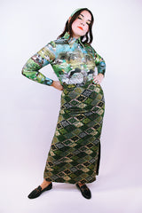 high waisted quilted maxi skirt vintage 1970's with green pattern