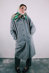 long sleeve grey wool coat knee length with mink fur trim collar vintage women's 1960's