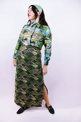 high waisted quilted maxi skirt vintage 1970's with green pattern