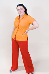 Women's vintage 1950's King Louie by Holiday label short sleeve orange cotton button up bowling blouse.