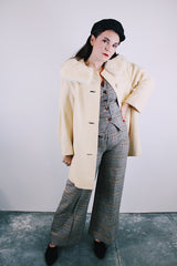 long sleeve wool creamed long length jacket with white fur trim collar women's vintage 1960's