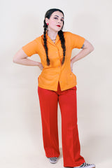 Women's vintage 1950's King Louie by Holiday label short sleeve orange cotton button up bowling blouse.
