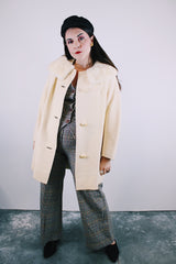 long sleeve wool creamed long length jacket with white fur trim collar women's vintage 1960's