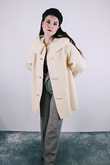long sleeve wool creamed long length jacket with white fur trim collar women's vintage 1960's