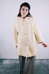 long sleeve wool creamed long length jacket with white fur trim collar women's vintage 1960's