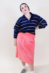 Women's vintage 1980's Jack Winter label midi length corduroy material salmon pink pencil skirt.
