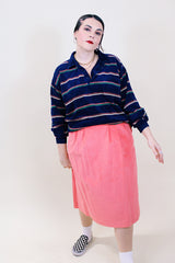 Women's or men's 1980's Campus Velour, Made in USA label long sleeve navy soft velour pullover sweater with half button closure and short pointy collar with thin all over vertical stripes.