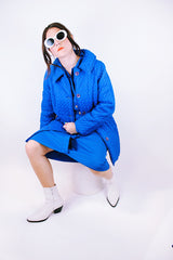 long bright blue quilted puffy coat buttons up the front with collar vintage women's