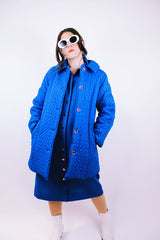 long bright blue quilted puffy coat buttons up the front with collar vintage women's