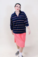 Women's or men's 1980's Campus Velour, Made in USA label long sleeve navy soft velour pullover sweater with half button closure and short pointy collar with thin all over vertical stripes.
