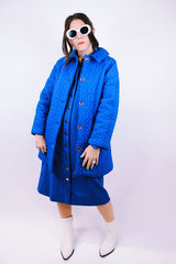 long bright blue quilted puffy coat buttons up the front with collar vintage women's