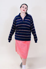 Women's or men's 1980's Campus Velour, Made in USA label long sleeve navy soft velour pullover sweater with half button closure and short pointy collar with thin all over vertical stripes.