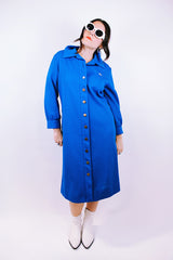 long sleeve mid length blue shirt dress with collar vintage 1960's