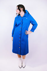 long sleeve mid length blue shirt dress with collar vintage 1960's