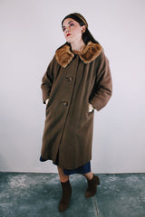 3/4 arm length brown wool long length coat with fur trim collar vintage 1950's women's