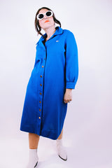 long sleeve mid length blue shirt dress with collar vintage 1960's