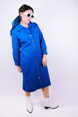 long sleeve mid length blue shirt dress with collar vintage 1960's