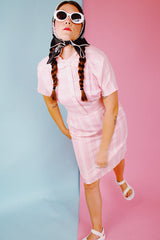 short sleeve pink with white stripes knee length vintage 1960's dress