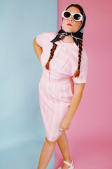 short sleeve pink with white stripes knee length vintage 1960's dress