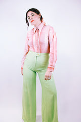 high waisted linen green pants with big flare women's vintage 1960's