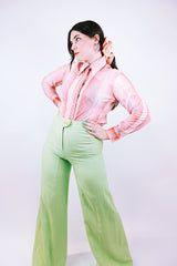 high waisted linen green pants with big flare women's vintage 1960's