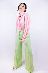 high waisted linen green pants with big flare women's vintage 1960's