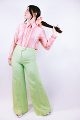high waisted linen green pants with big flare women's vintage 1960's