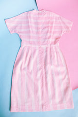 short sleeve pink with white stripes knee length vintage 1960's dress