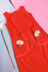 sleeveless red shift dress vintage 1960's with daisies on the two front pockets