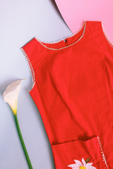 sleeveless red shift dress vintage 1960's with daisies on the two front pockets