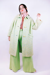 long length long sleeve green wool coat with three button closure and collar vintage 1960's