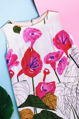 sleeveless knee length shift dress cream with pink floral pattern linen material vintage 1960's