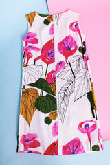 sleeveless knee length shift dress cream with pink floral pattern linen material vintage 1960's