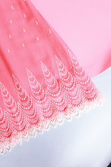 short sleeve cotton blend vintage 1960's shift dress in pink with white embroidery