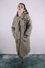 3/4 arm length brown and cream plaid wool long length button up coat vintage women's 1960's