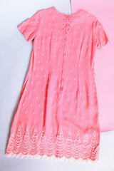 short sleeve cotton blend vintage 1960's shift dress in pink with white embroidery