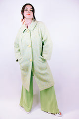 long length long sleeve green wool coat with three button closure and collar vintage 1960's