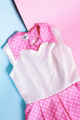 sleeveless mini dress pink with white polka dots has collar vintage 1960's
