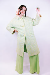 long length long sleeve green wool coat with three button closure and collar vintage 1960's