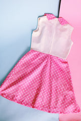 sleeveless mini dress pink with white polka dots has collar vintage 1960's